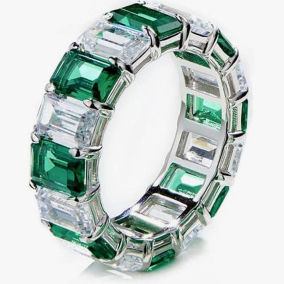 Emerald and Diamond look eternity band set in silver size 8 - Picture 1 of 2